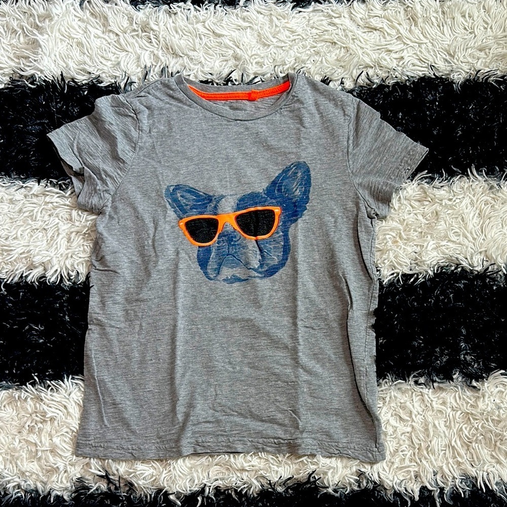 Boden Gray T-Shirt with Blue Dog and Orange Sunglasses, Sz 11-12